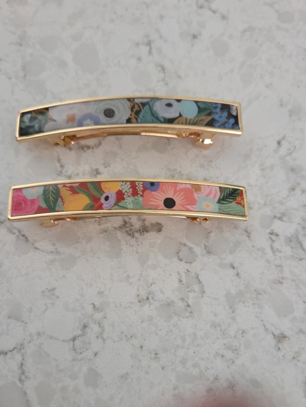 Rifle Paper Co Floral Pattern Gold-Tone Rectangular Hair Barrette - Pink & Blue